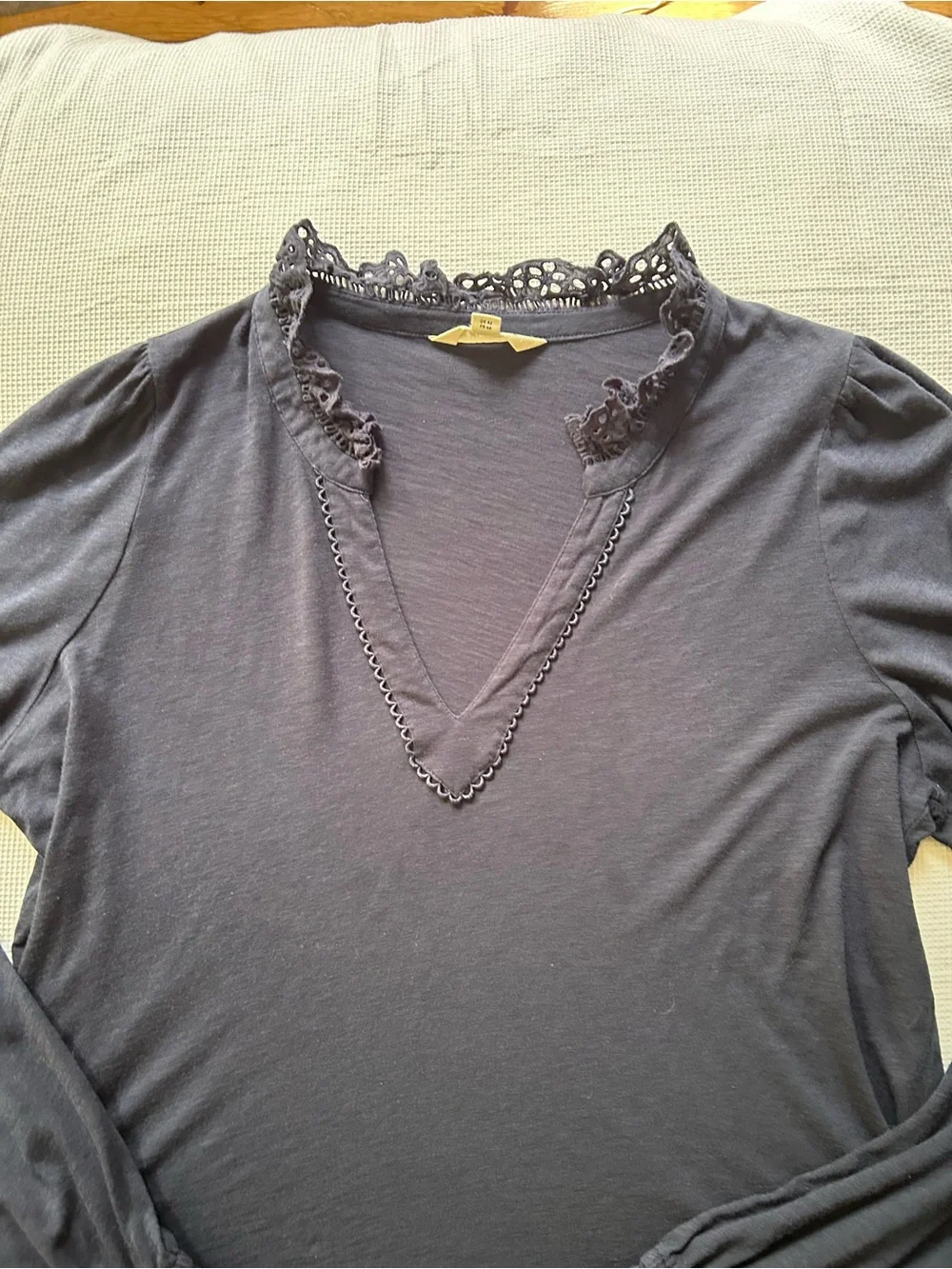 Boden Navy Lace-Trim V-Neck Long Sleeve Top